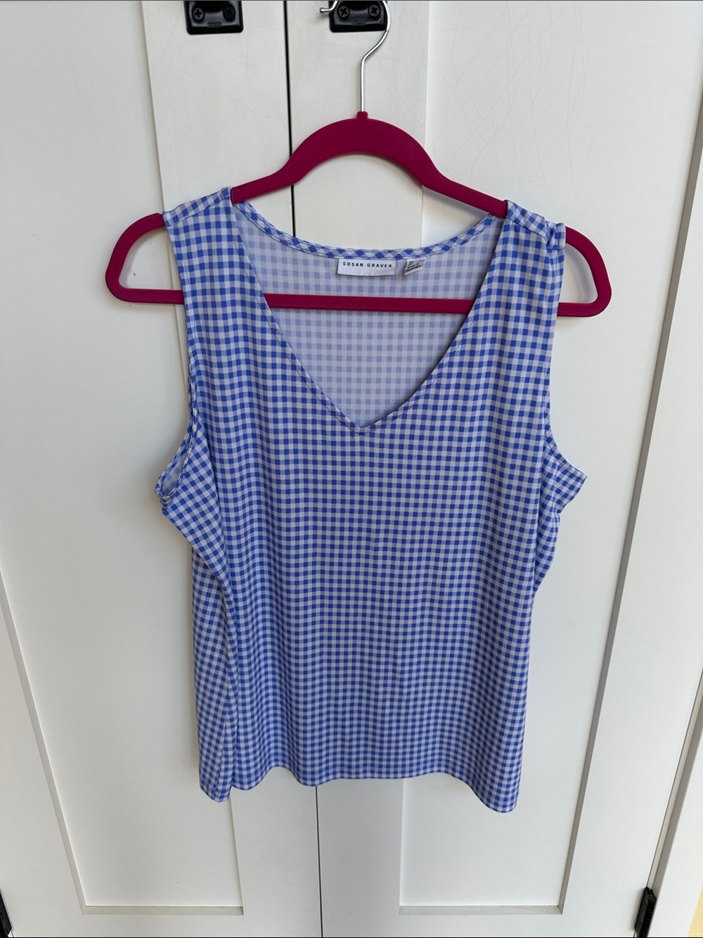 Susan Graver Lavender-Blue Gingham V-Neck Sleeveless Top Size L